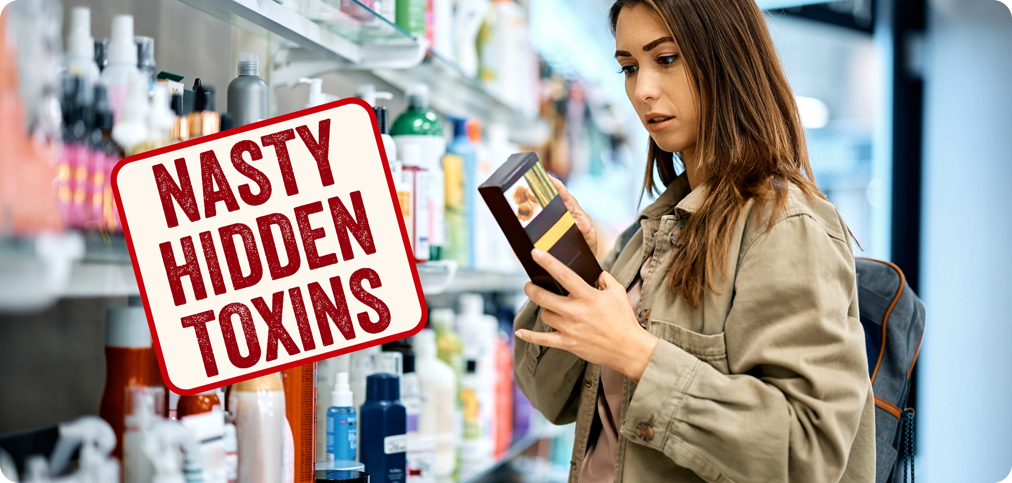 typical drugstore washes blurred with a big stamp “NASTY HIDDEN TOXINS” across it in red